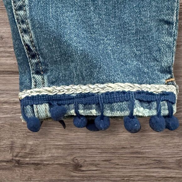 Zara Basic Z1975 Denim Blue Jeans with Distressed Hem and Pom Poms - Picture 8 of 10
